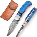 Damascus Handmade Folding Knife Blue with steel bolster