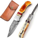 Damascus Handmade Folding Knife Camel bone