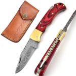 Damascus Handmade Folding Knife Red pakka wood with brass bolster